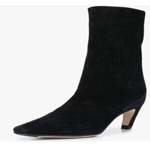 Black Suede Square Toe Comfort Kitten Low Heel Pull On Ankle Boot Dressy Shoes